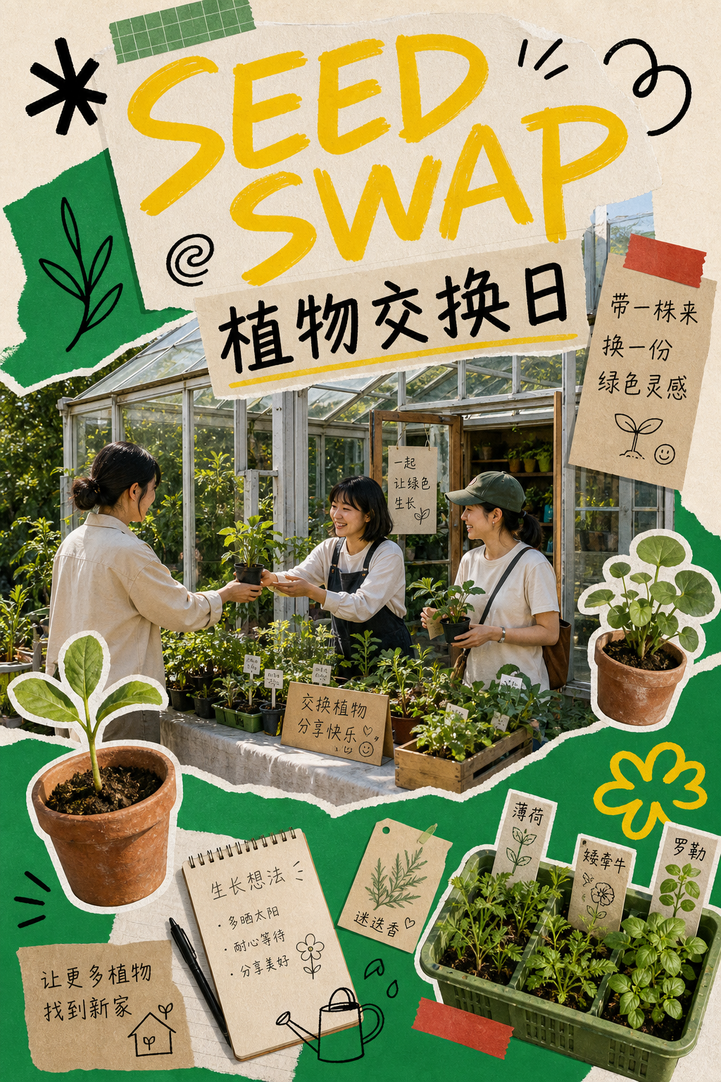 植物交换日纸张拼贴海报
