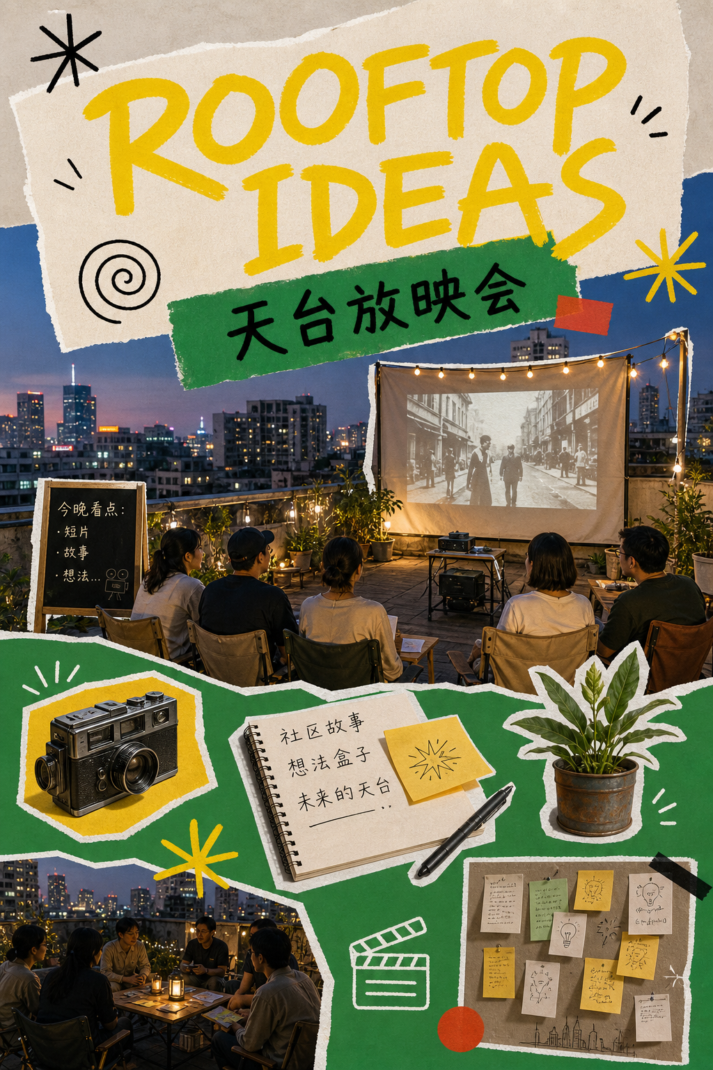 天台放映会纸张拼贴海报